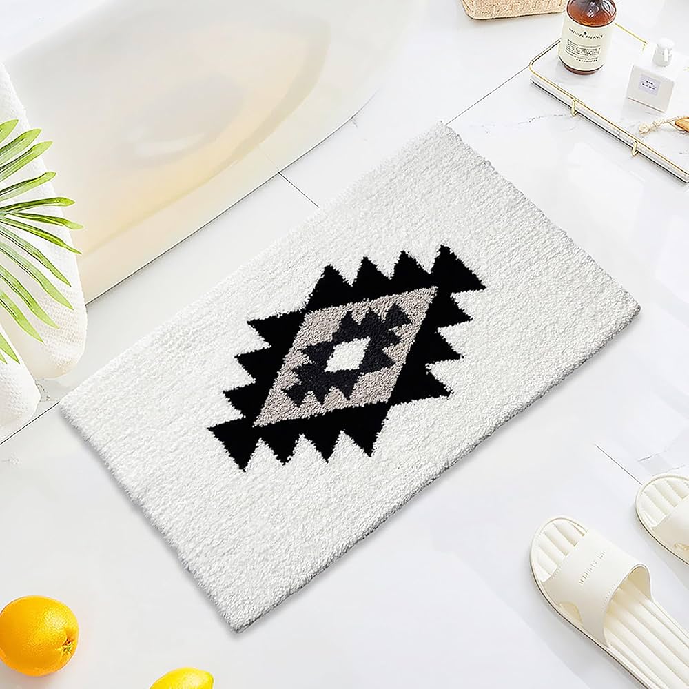 Boho Bath Rugs White Non Slip Washable Geometric Bath Mat